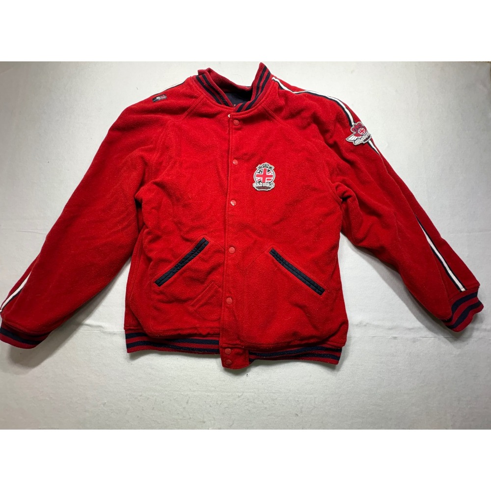Vintage Akademiks Varsity Jacket XXL Mens Red Snap Front Stitched Wool Blend Y2K